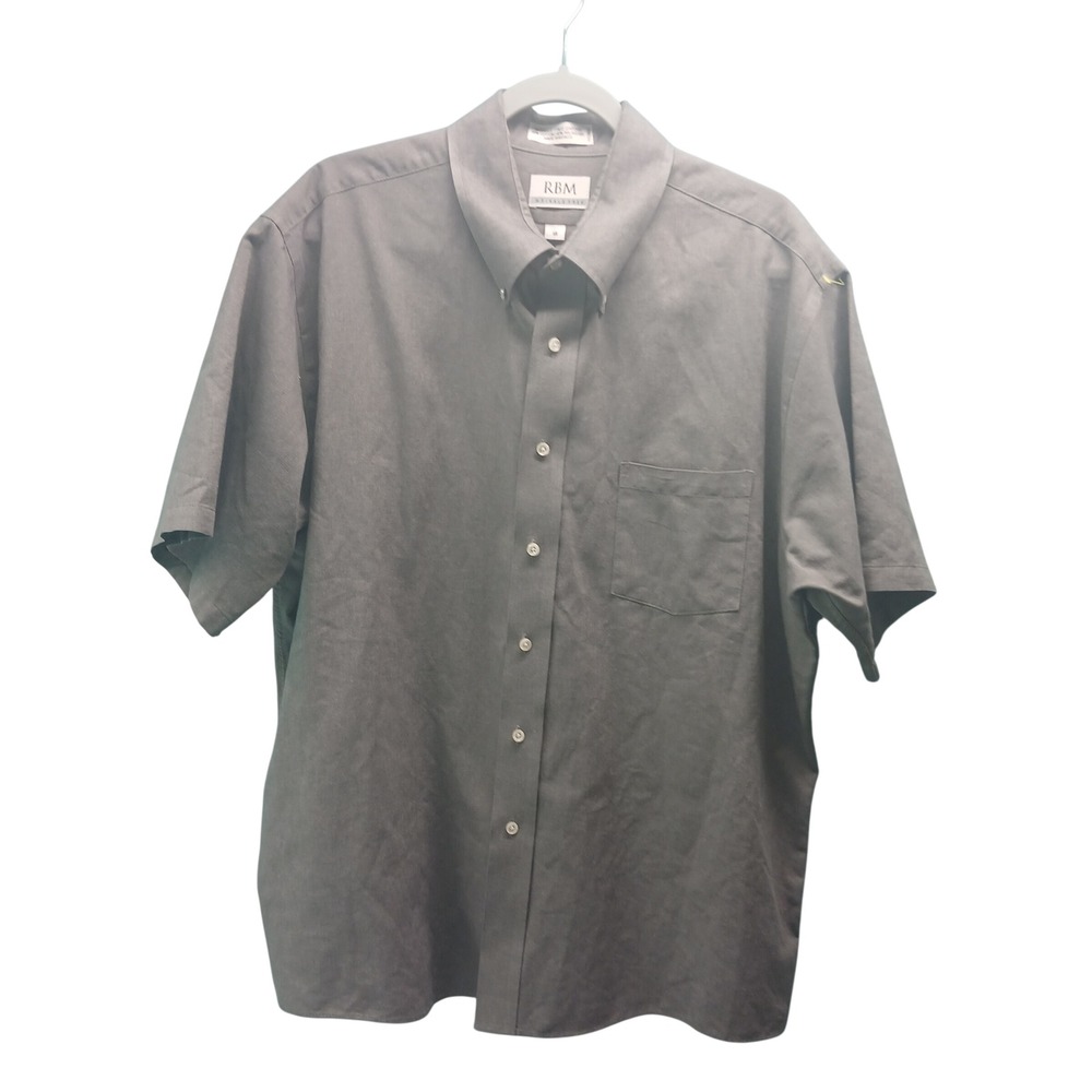RBM Mens Wrinkle Free Oxford Short Sleeve Button Down Shirt Gray‎ Size 18